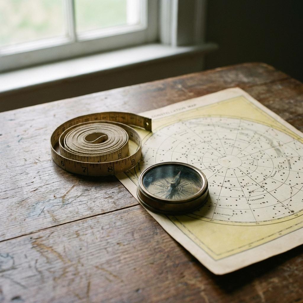 A vintage measuring tape and a constellation map, symbolizing qualitative measurement.