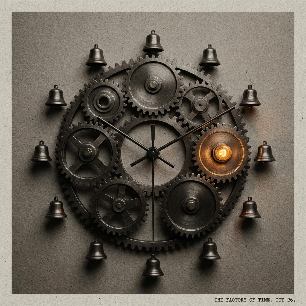 An editorial illustration of a clock with factory gears, representing the rigid timing of the school model.