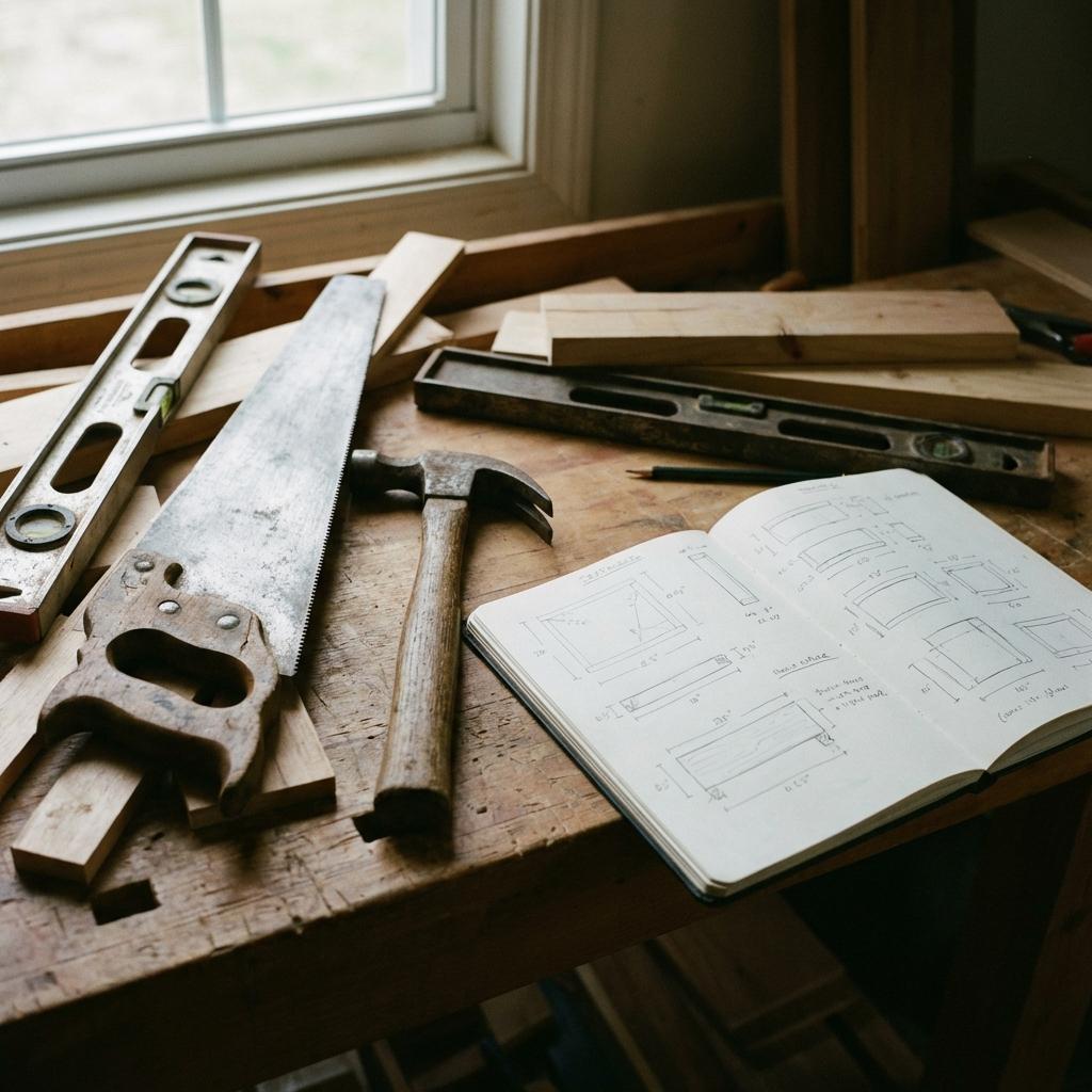 A workbench with real tools and a sketchbook, representing grounded, practical unschooling.