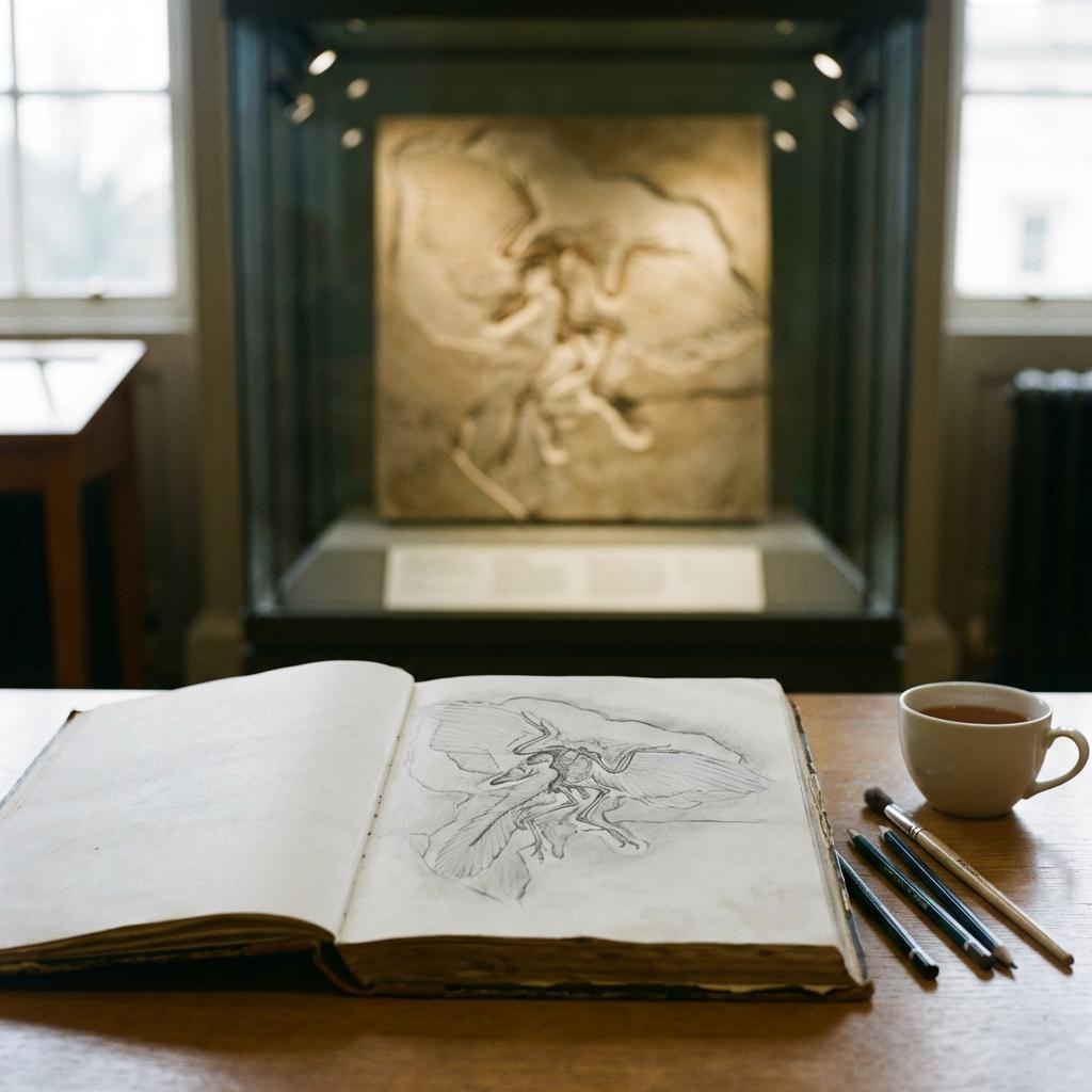 A sketchbook with a detailed drawing in a museum-like setting.