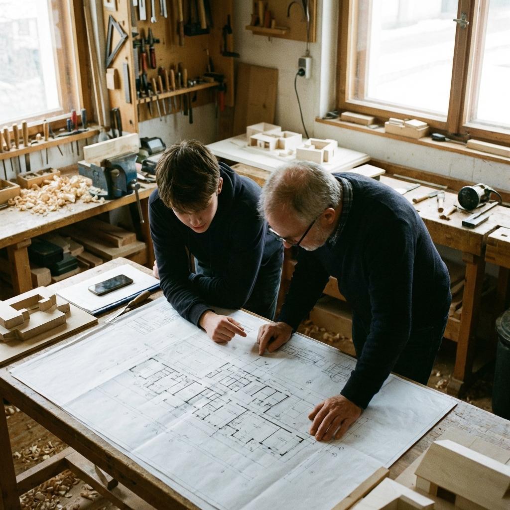 A serious conversation between an older and younger person over a complex task.