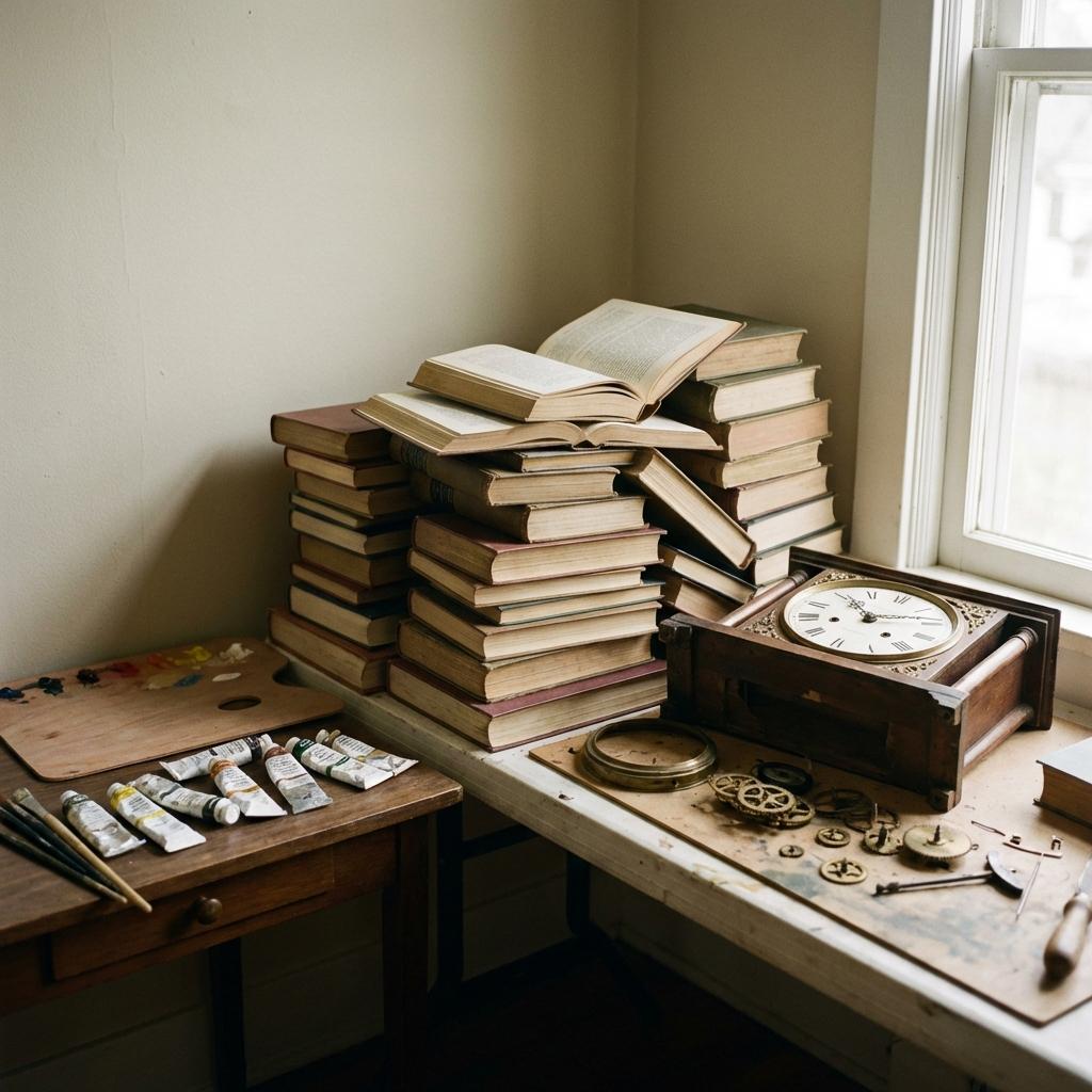 A collection of books, tools, and art supplies representing a self-directed education.