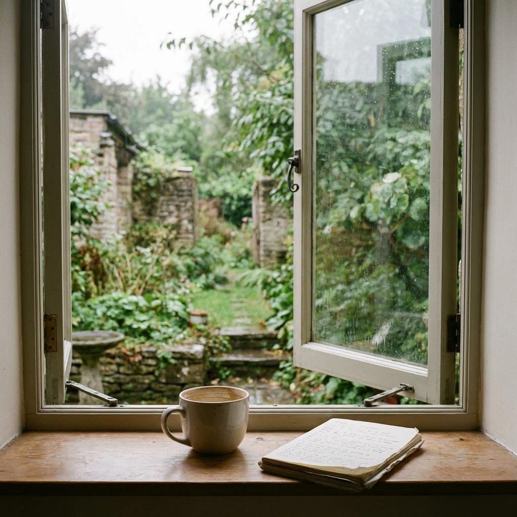 A calm view from an open window, symbolizing the space of decompression.