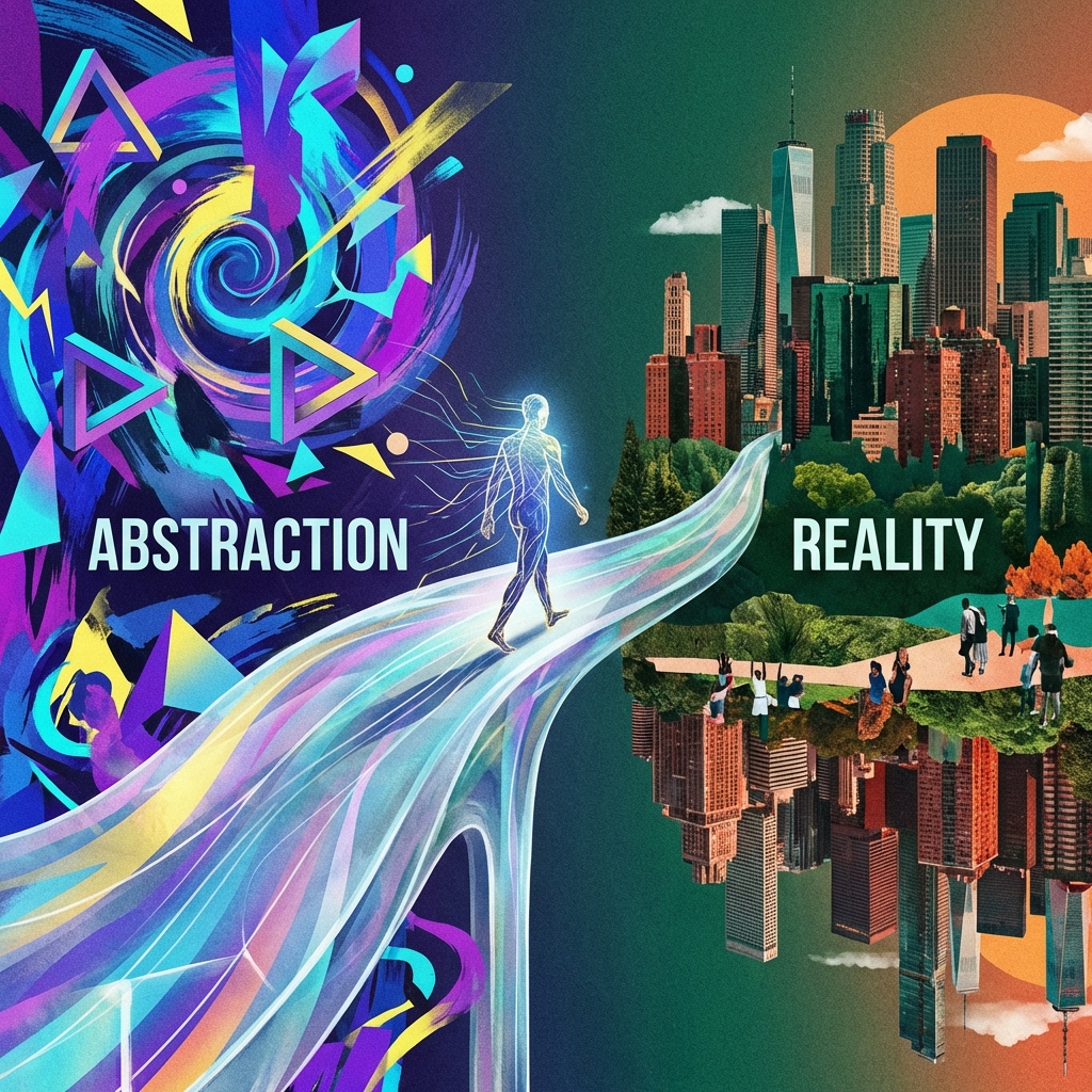 A conceptual illustration of a bridge between abstraction and reality.