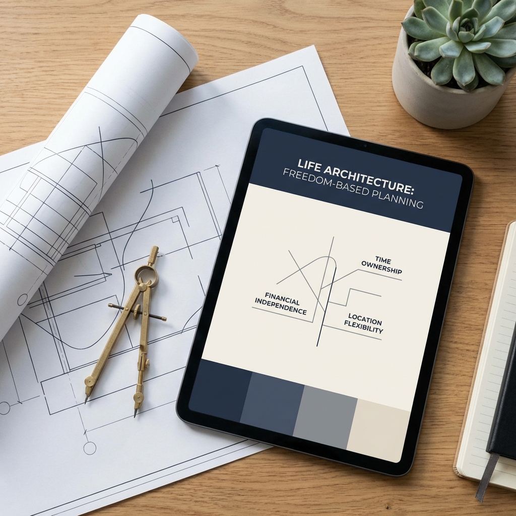 A blueprint and compass representing the planning of a freedom-based life.