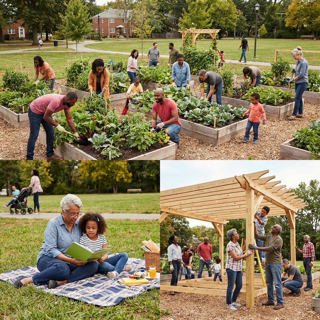 A community scene in a park where people of different ages are interacting—some gardening, some reading, some building something together.