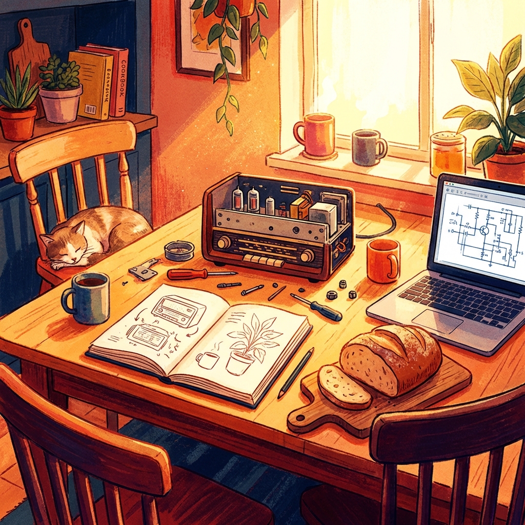 An illustration of a kitchen table covered in a mix of everyday items: a sketchbook, a half-disassembled radio, a loaf of bread, and a laptop.