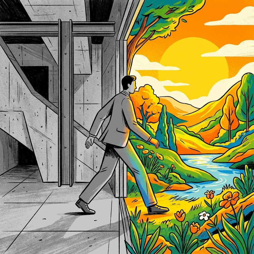 An editorial illustration of a person stepping from a rigid, gray architectural space into a vibrant, sunlit natural landscape.