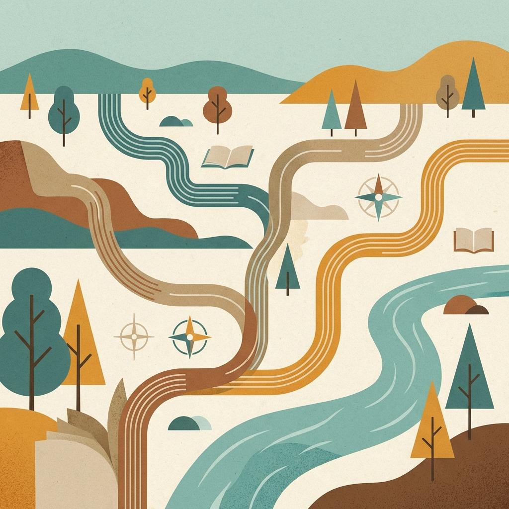 An editorial illustration of multiple winding paths through a natural landscape, representing self-directed learning.