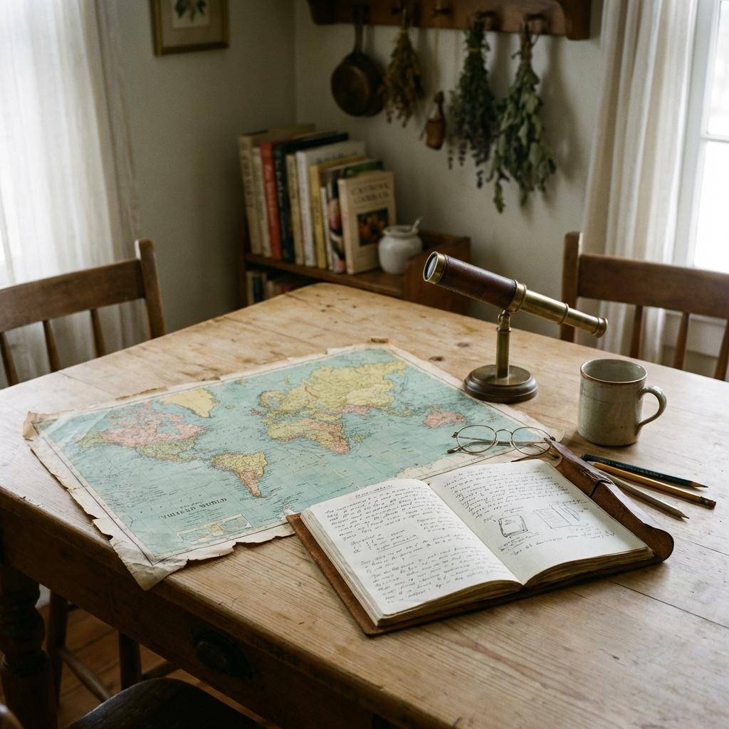 A quiet scene of a map, notebook, and telescope on a wooden table.