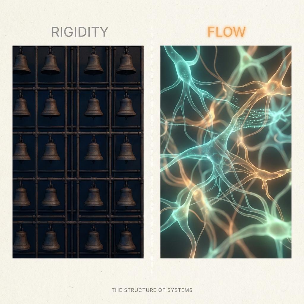 Comparison of factory bells representing rigidity versus flowing organic shapes representing freedom.