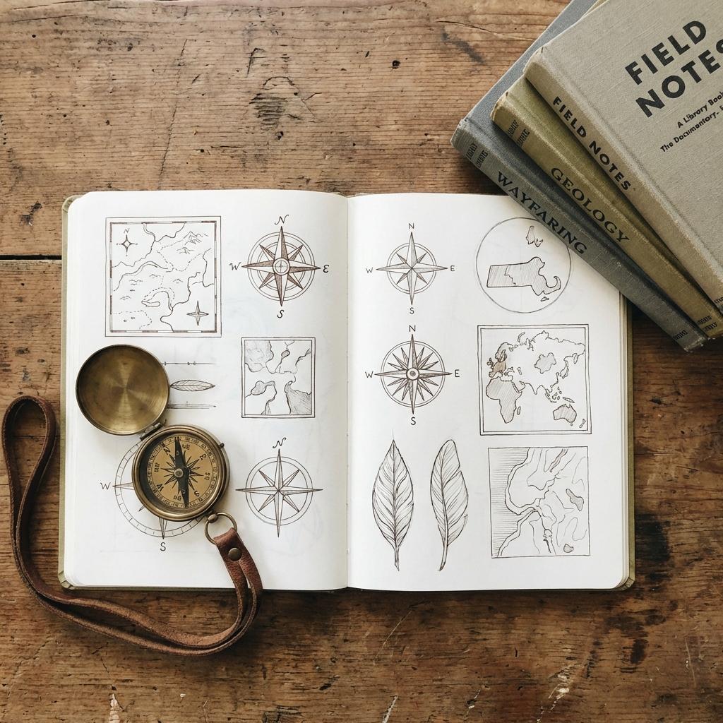 An open notebook with plans and a compass, symbolizing the journey of self-directed education.