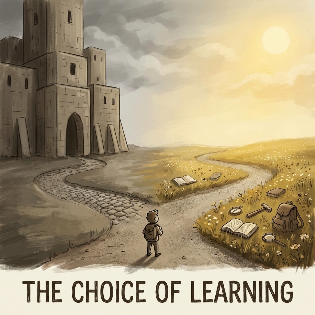 An editorial illustration of a fork in the road: one path leads into a massive, imposing stone building; the other leads into an open, sunlit field with various tools and books scattered about.