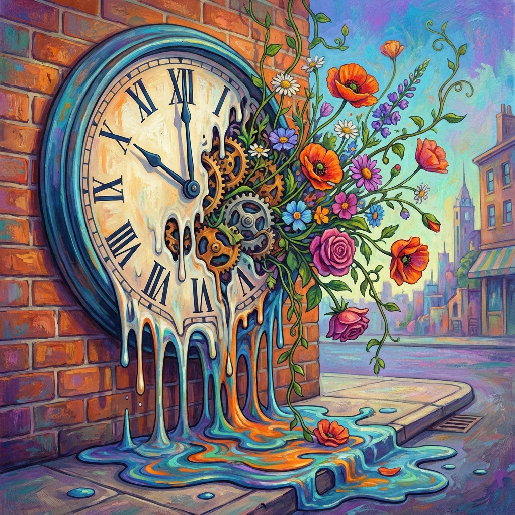 An editorial illustration of a wall clock melting into a puddle, with flowers growing out of the gears.