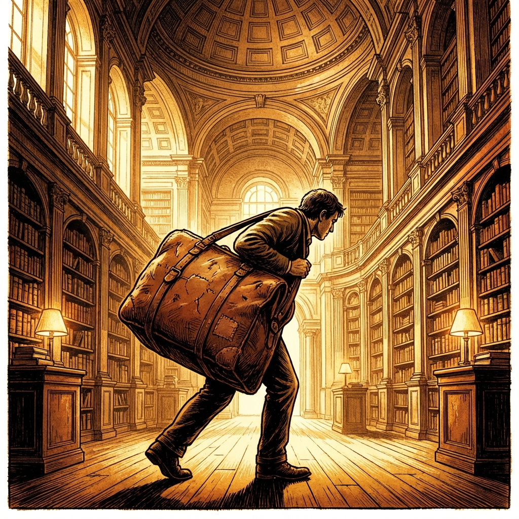 An editorial illustration of a person carrying a heavy, weathered leather traveler's bag into a grand, classical library.