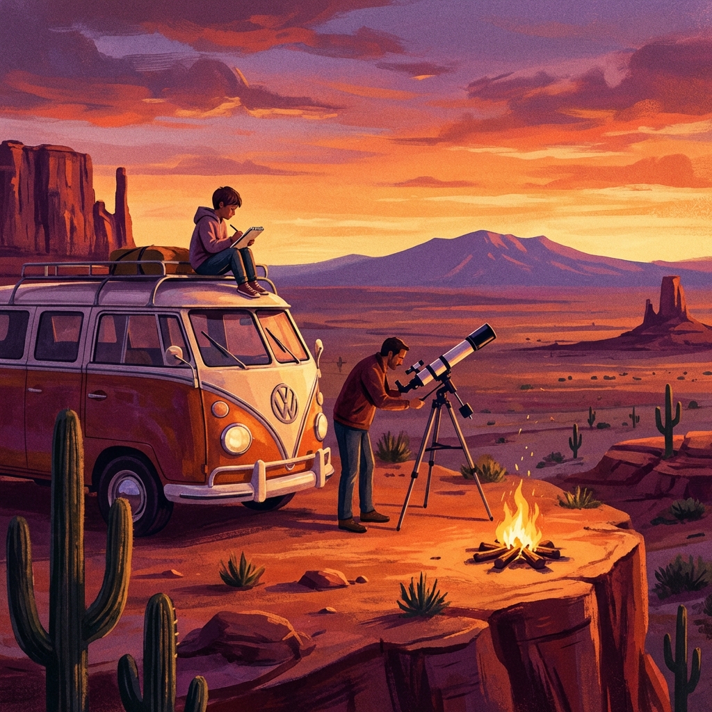 An editorial illustration of a camper van parked on a desert mesa at sunset, with a telescope set up nearby and a child sketching in a notebook on the roof.